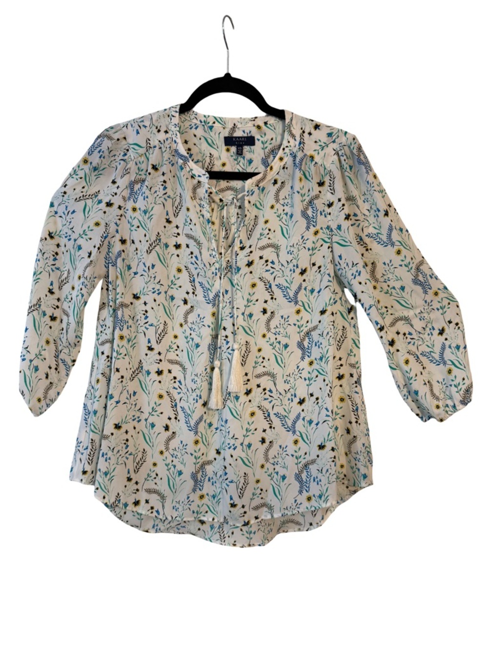 Kaari Blue White Floral Tie-Front Peasant Tunic